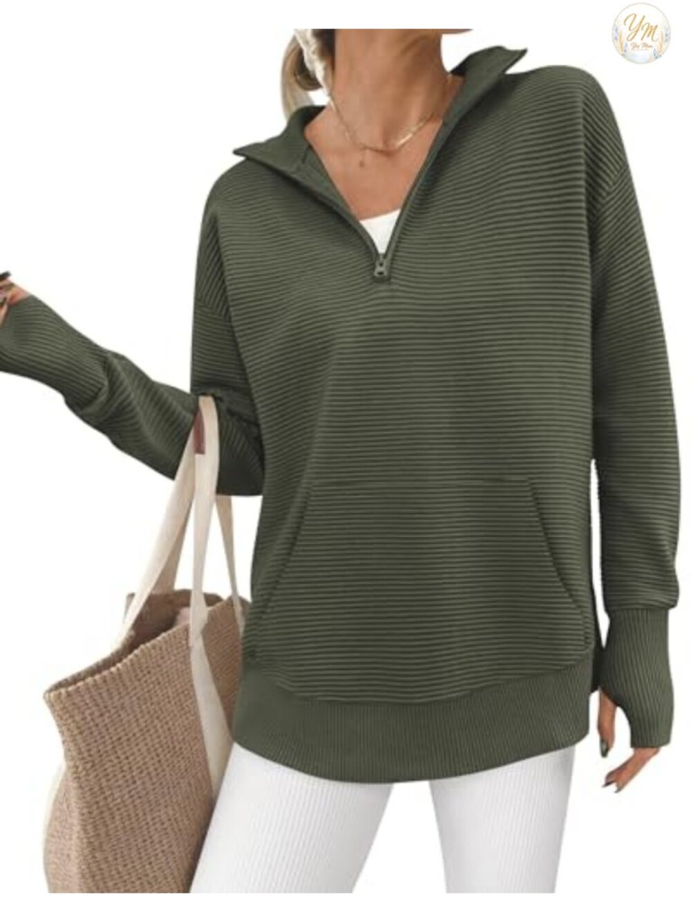 Women's Quarter Zip Pullover Sweater Long Sleeve Loose Fit V-Neck Thumb Hole